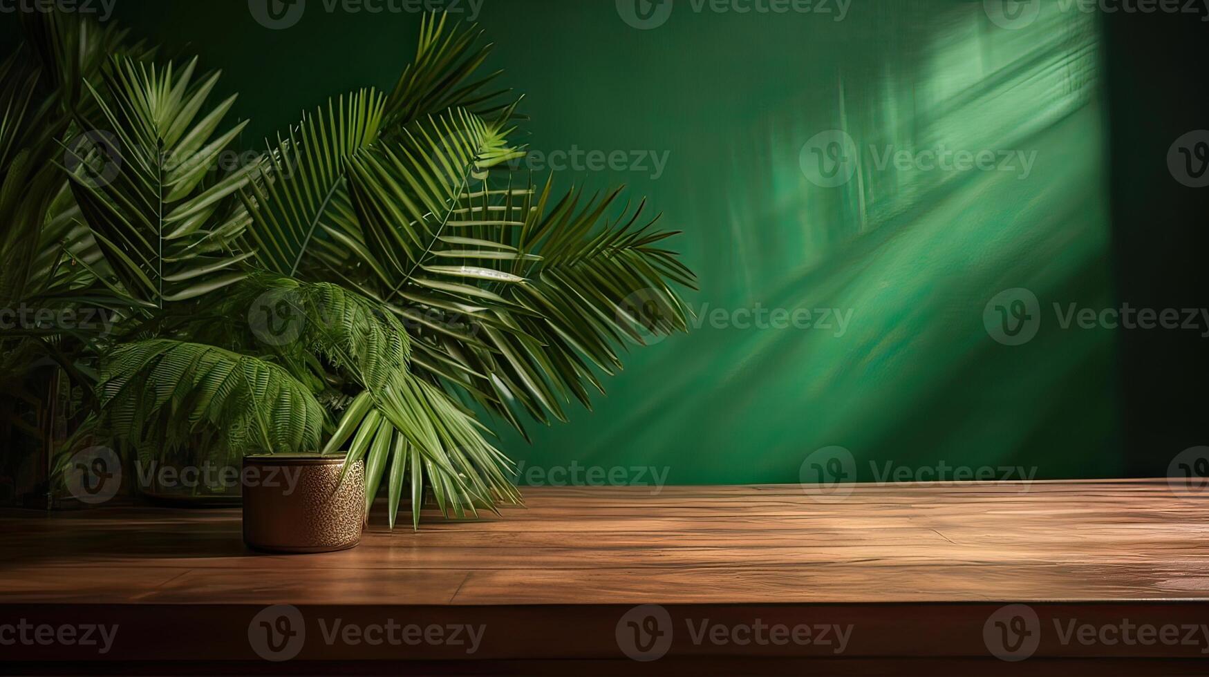 wooden table for show product display and presentation, summer and palm leaves background, copy space. . photo