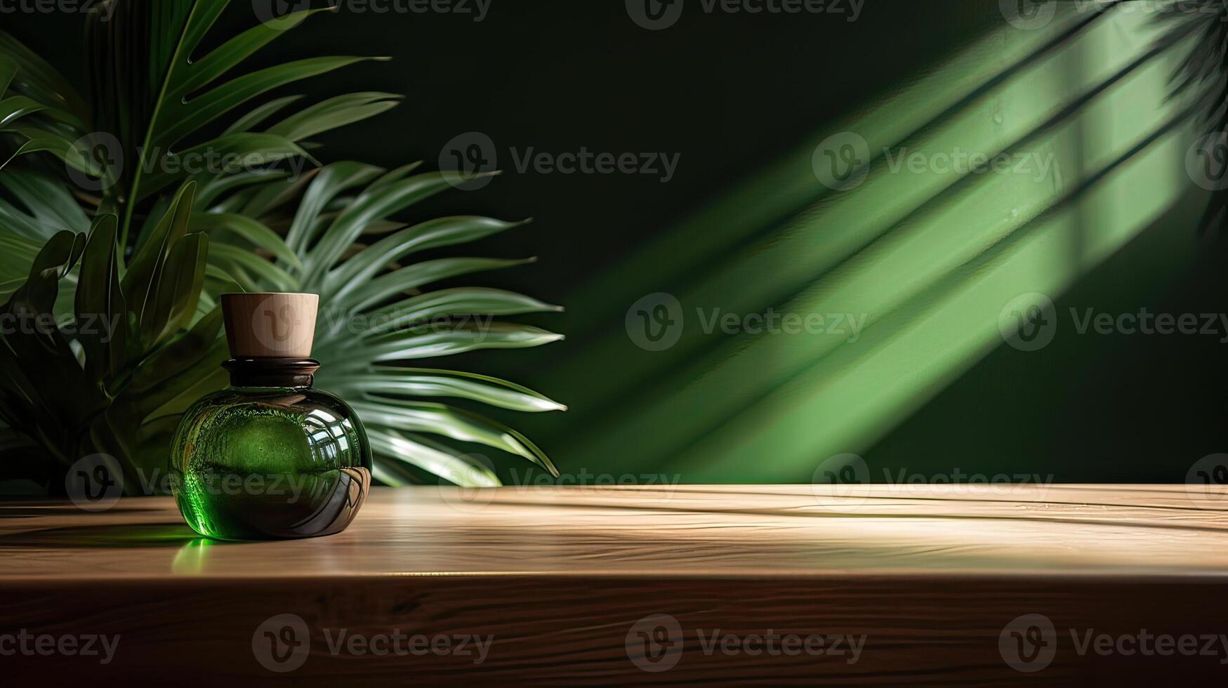 wooden table for show product display and presentation, summer and palm leaves background, copy space. . photo