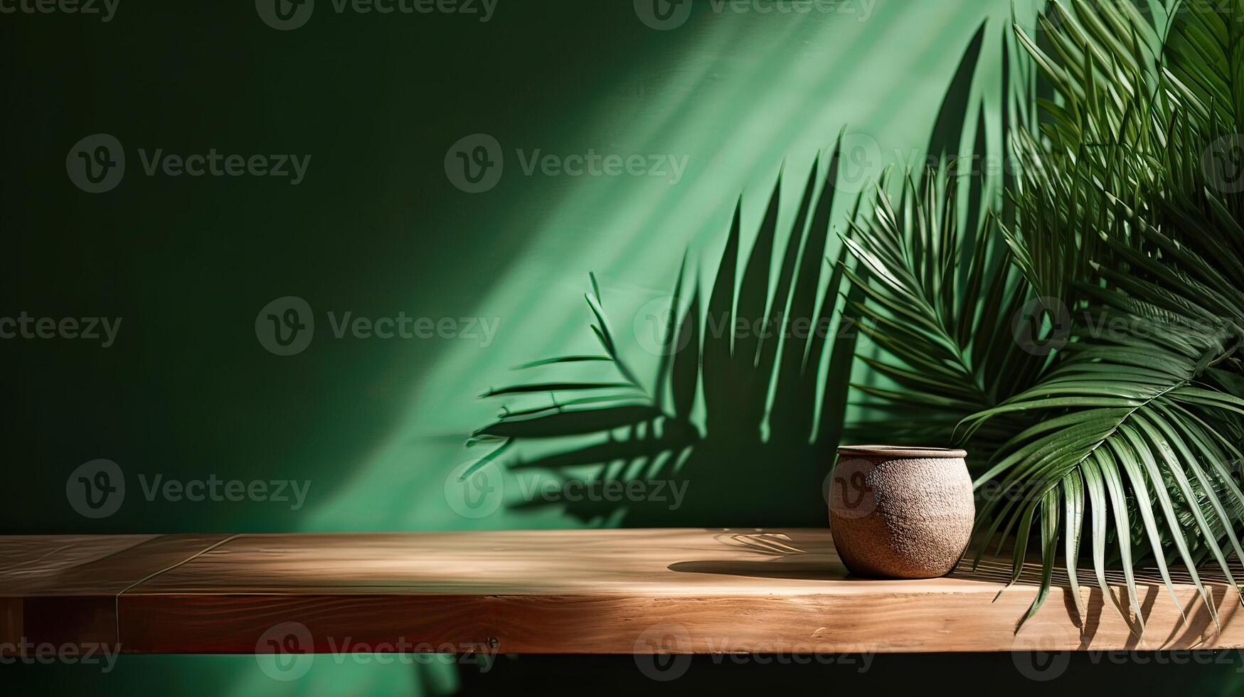 wooden table for show product display and presentation, summer and palm leaves background, copy space. . photo