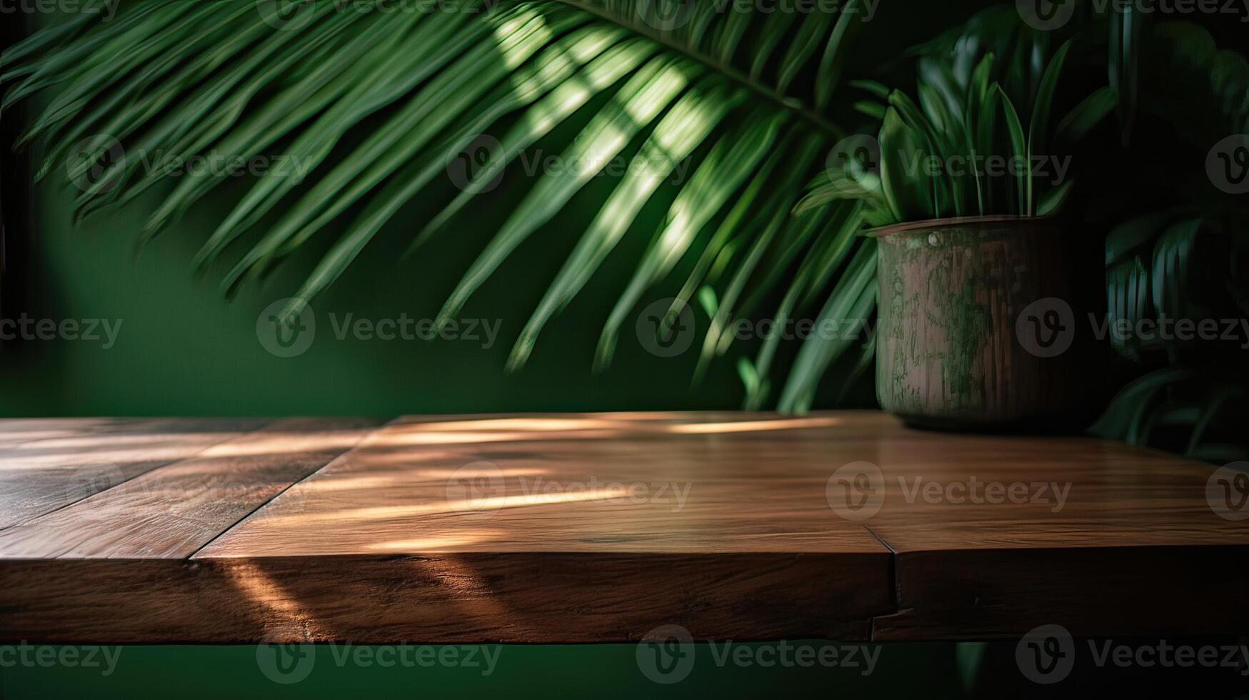 wooden table for show product display and presentation, summer and palm leaves background, copy space. . photo