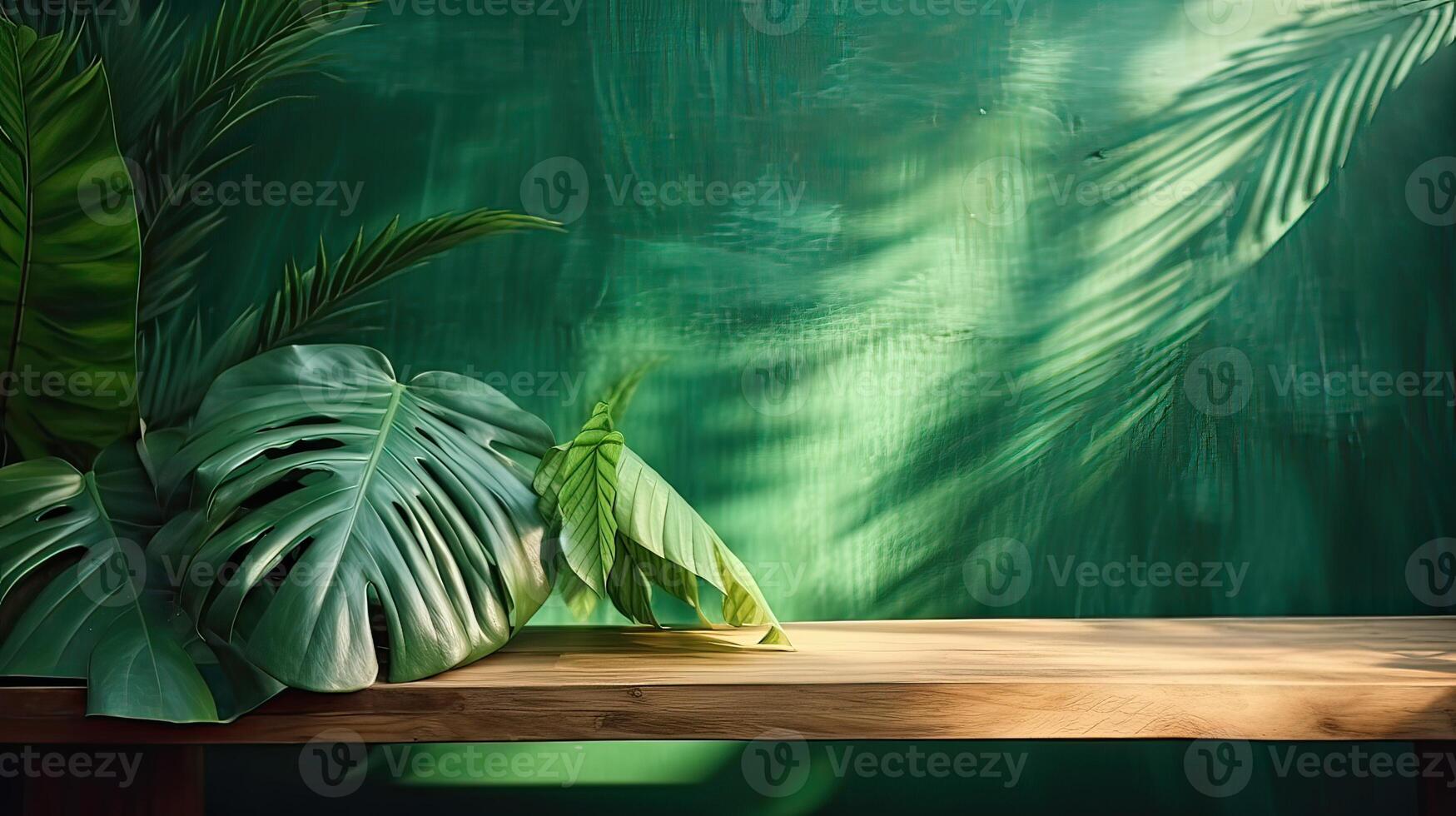 de madera mesa para espectáculo producto monitor y presentación, verano y palma hojas fondo, Copiar espacio. generativo ai. foto