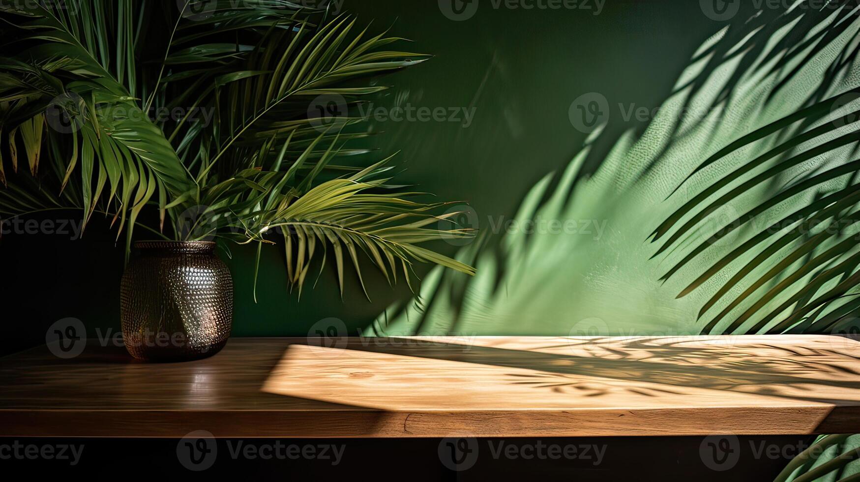 wooden table for show product display and presentation, summer and palm leaves background, copy space. . photo