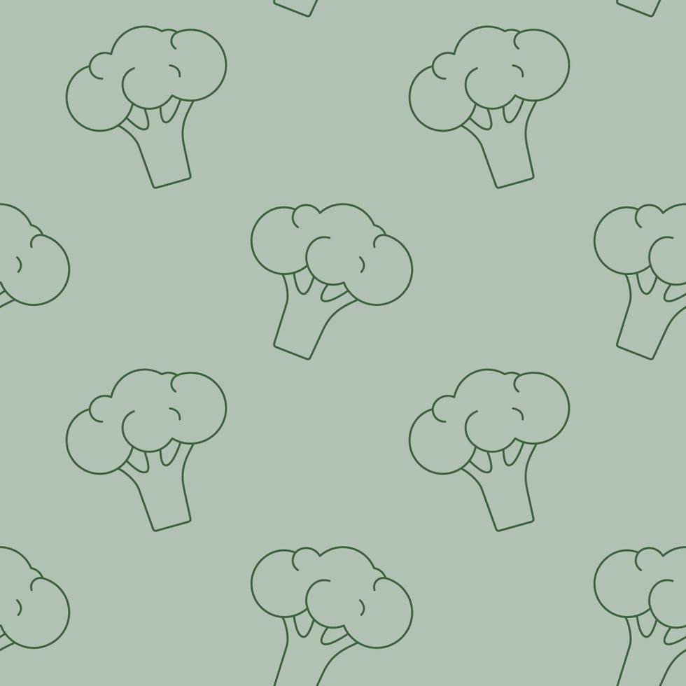 Seamless pattern with broccoli on a green background. Contours of vegetables in a flat style. Vector background.