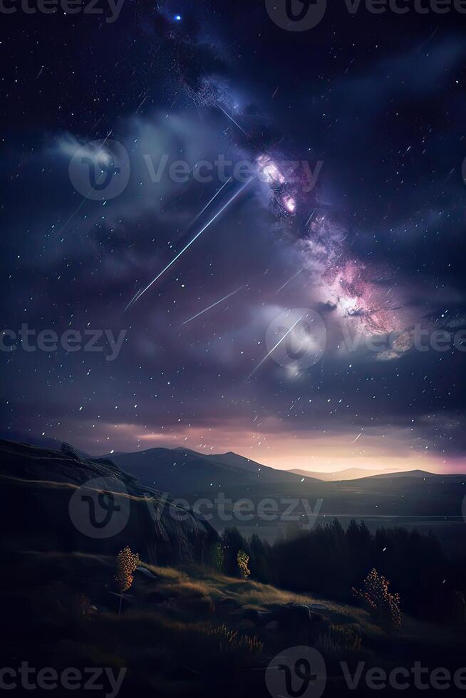 Meteorite in the sky. A bright meteor against the background of stars. A beautiful falling star. . photo