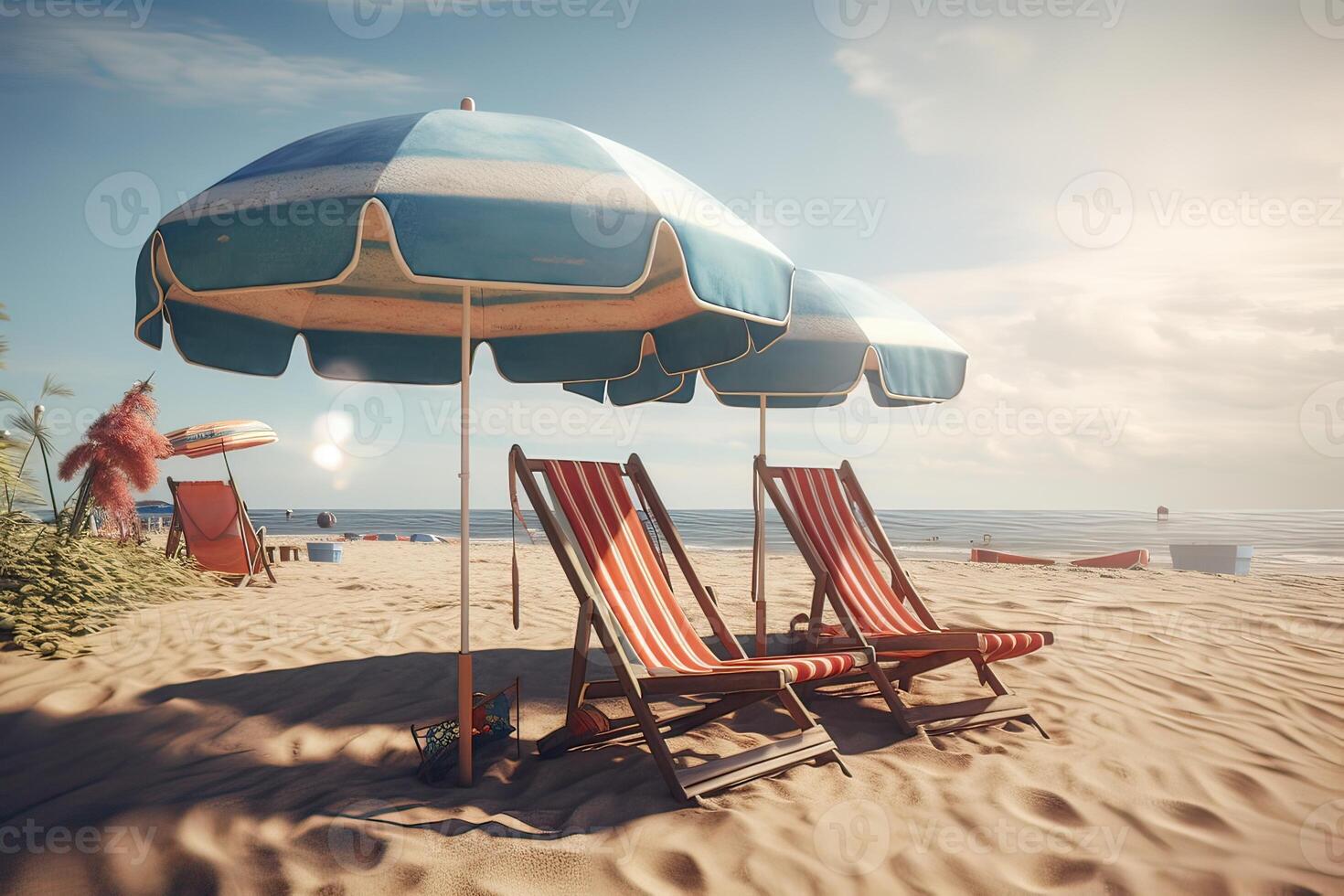 Beach chairs on the white sand beach with cloudy blue sky and sun. Chairs and umbrella on a beautiful tropical beach. . photo