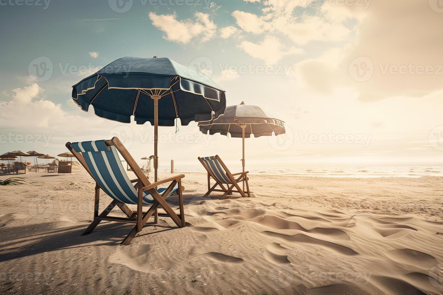 Beach chairs on the white sand beach with cloudy blue sky and sun. Chairs and umbrella on a beautiful tropical beach. . photo