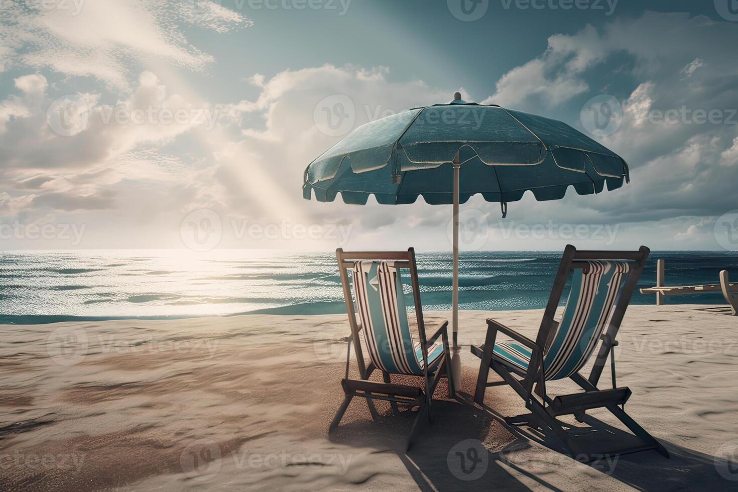 Beach chairs on the white sand beach with cloudy blue sky and sun. Chairs and umbrella on a beautiful tropical beach. . photo