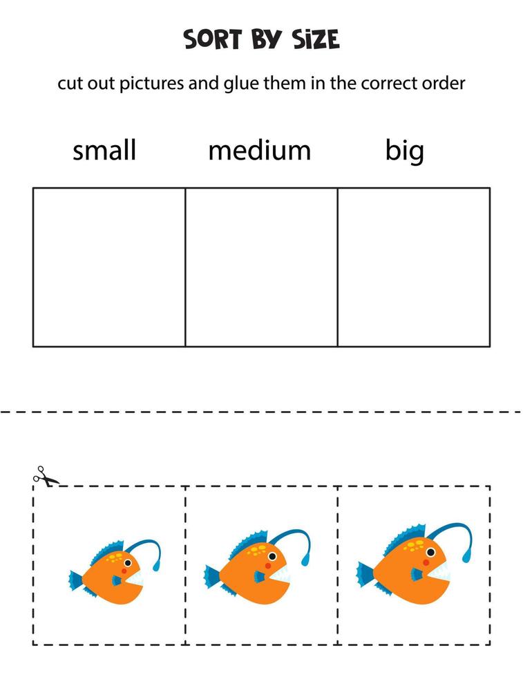 ordenar linda pescador de caña pescado por tamaño. educativo hoja de cálculo para niños. vector