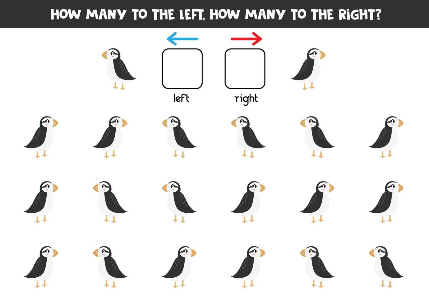 Left or right with cute cartoon puffin. Logical worksheet for preschoolers. vector
