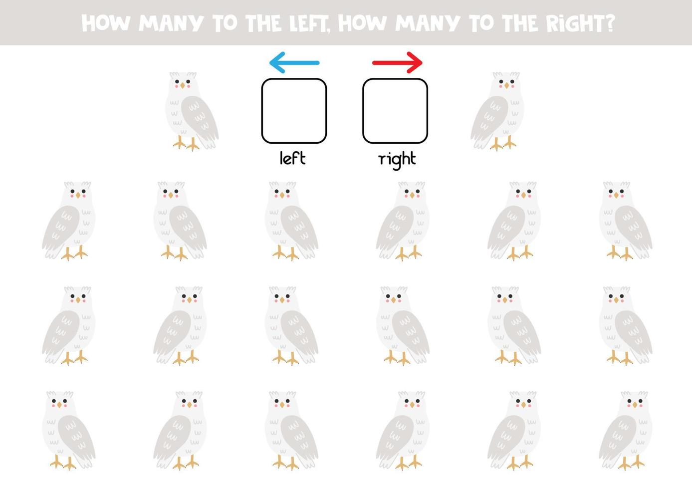 Left or right with cute cartoon snowy owl. Logical worksheet for preschoolers. vector