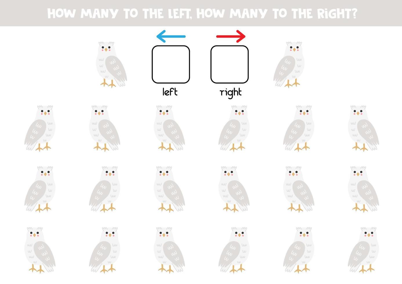izquierda o Derecha con linda dibujos animados Nevado búho. lógico hoja de cálculo para preescolares vector