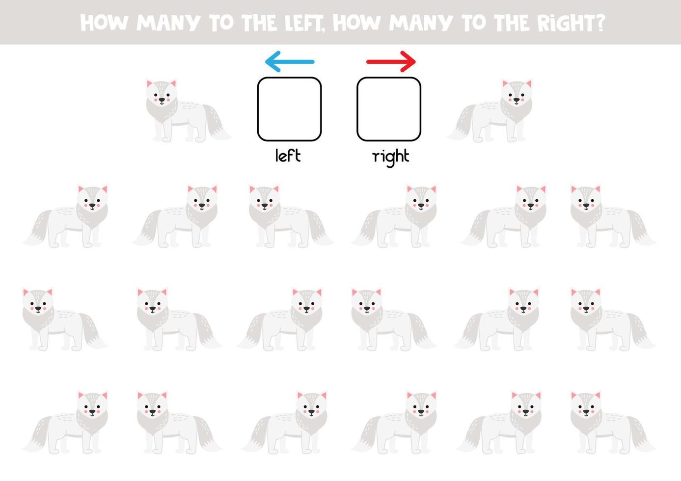 Left or right with cute cartoon arctic fox. Logical worksheet for preschoolers. vector