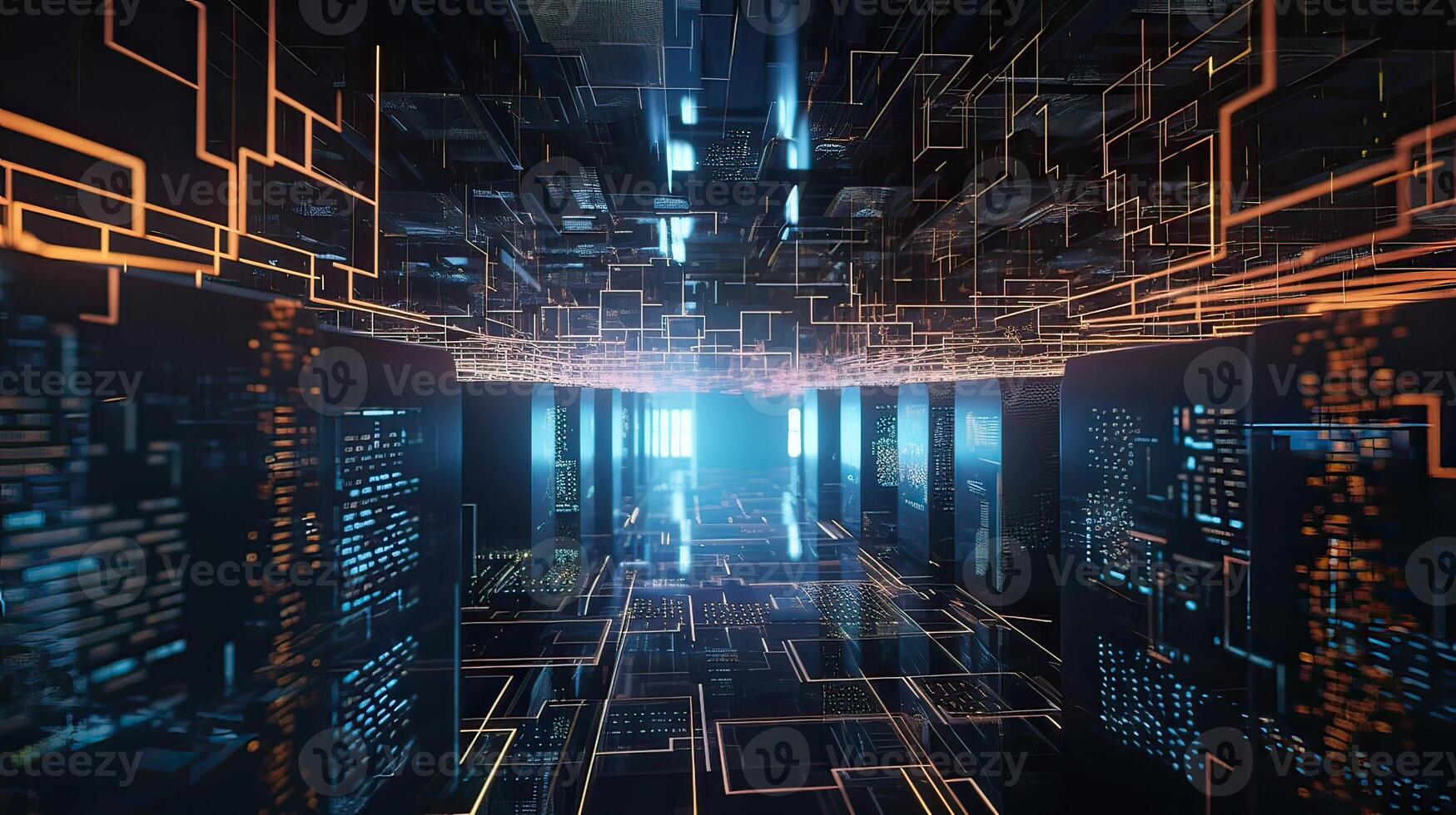 Futuristic technology for processing information analysis and sorting big data, two big databases, sharing and structuring information in digital space, . photo