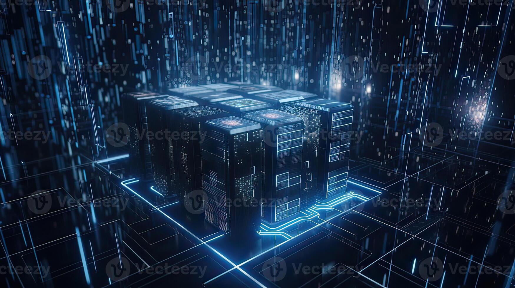 Futuristic technology for processing information analysis and sorting big data, two big databases, sharing and structuring information in digital space, . photo