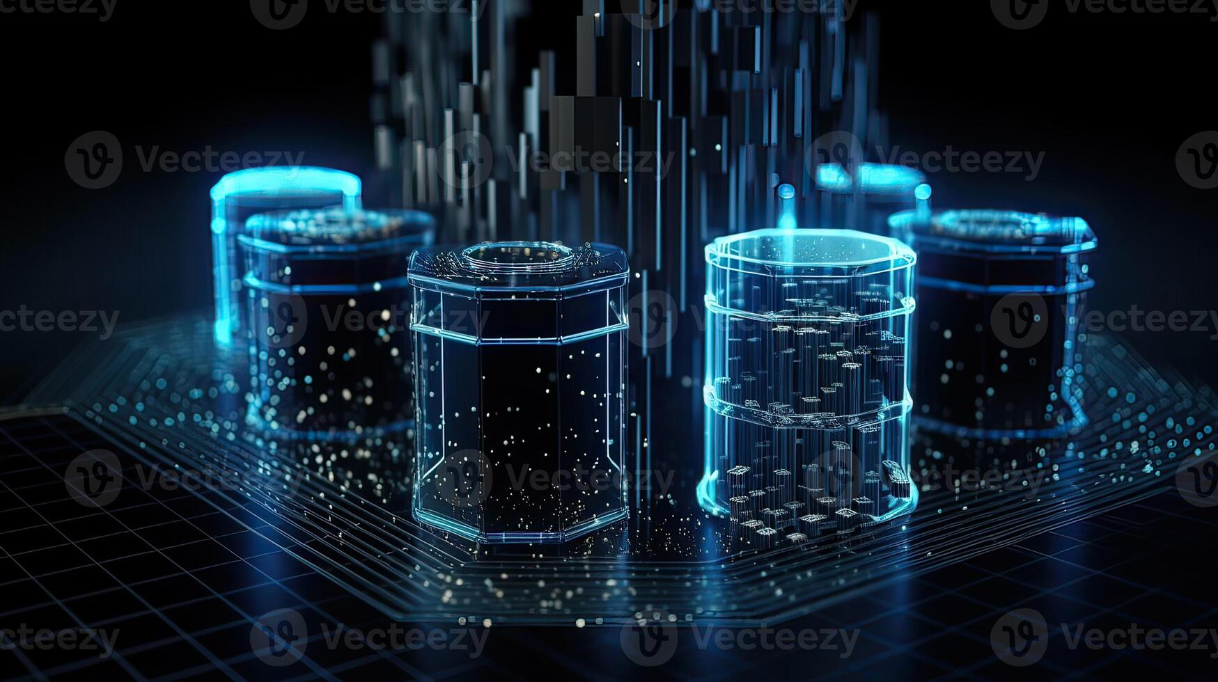 Futuristic technology for processing information analysis and sorting big data, two big databases, sharing and structuring information in digital space, . photo