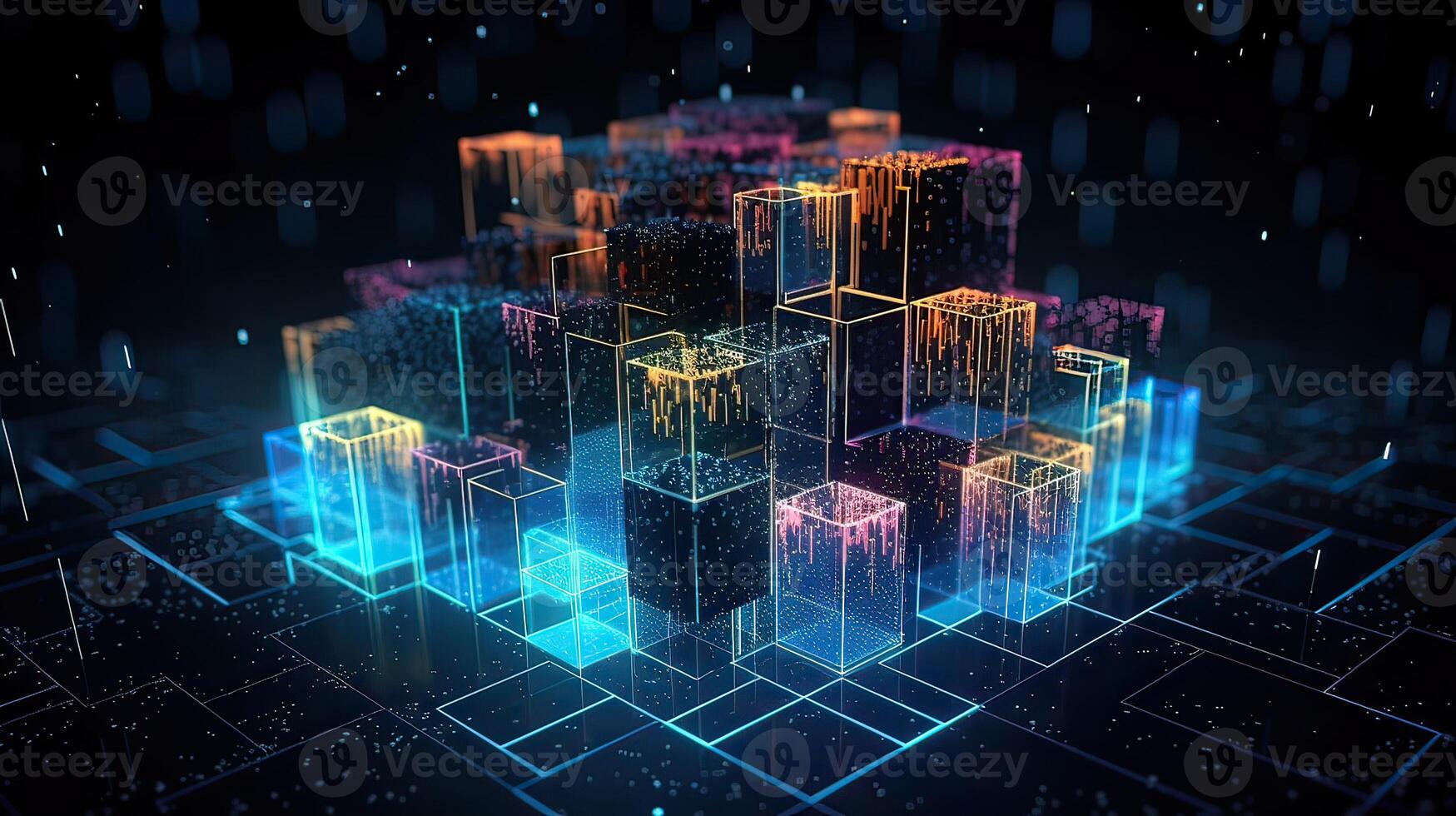 Futuristic technology for processing information analysis and sorting big data, two big databases, sharing and structuring information in digital space, . photo