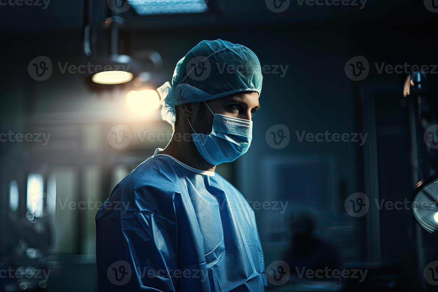 Half body back view of a health care worker standing in a hospital. Non-existent person. . photo