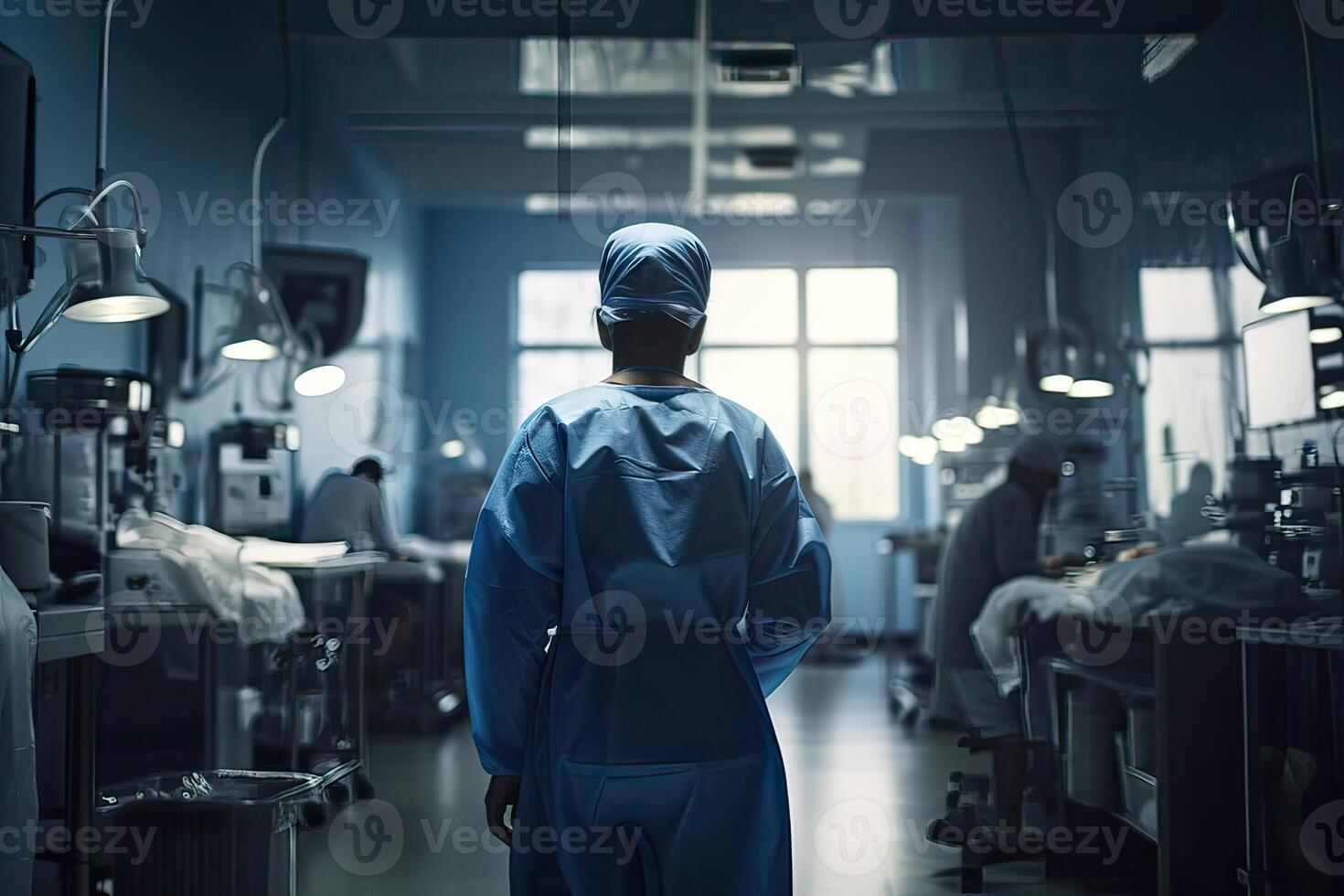 medio cuerpo espalda ver de un salud cuidado trabajador en pie en un hospital. inexistente persona. generativo ai. foto