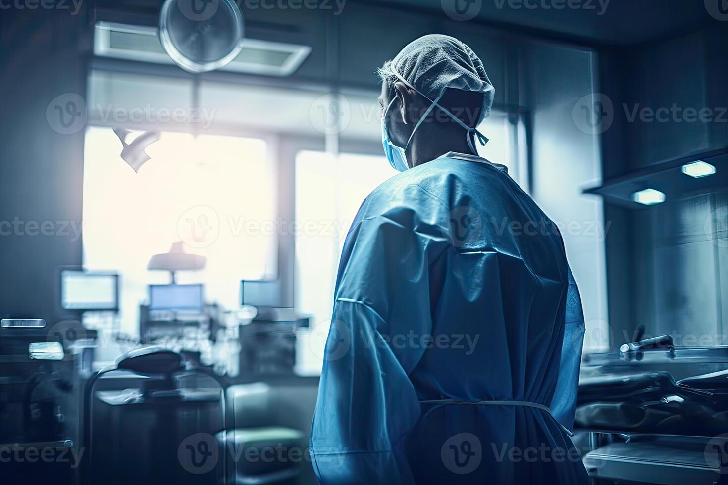 Half body back view of a health care worker standing in a hospital. Non-existent person. . photo