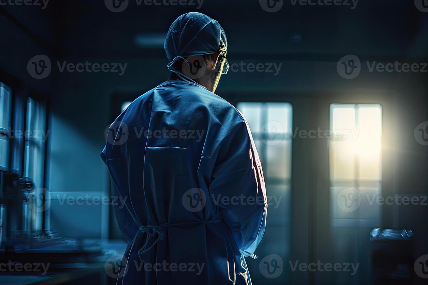 medio cuerpo espalda ver de un salud cuidado trabajador en pie en un hospital. inexistente persona. generativo ai. foto