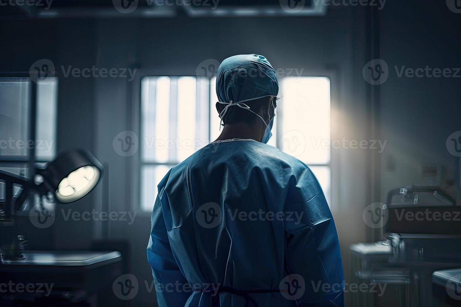 Half body back view of a health care worker standing in a hospital. Non-existent person. . photo