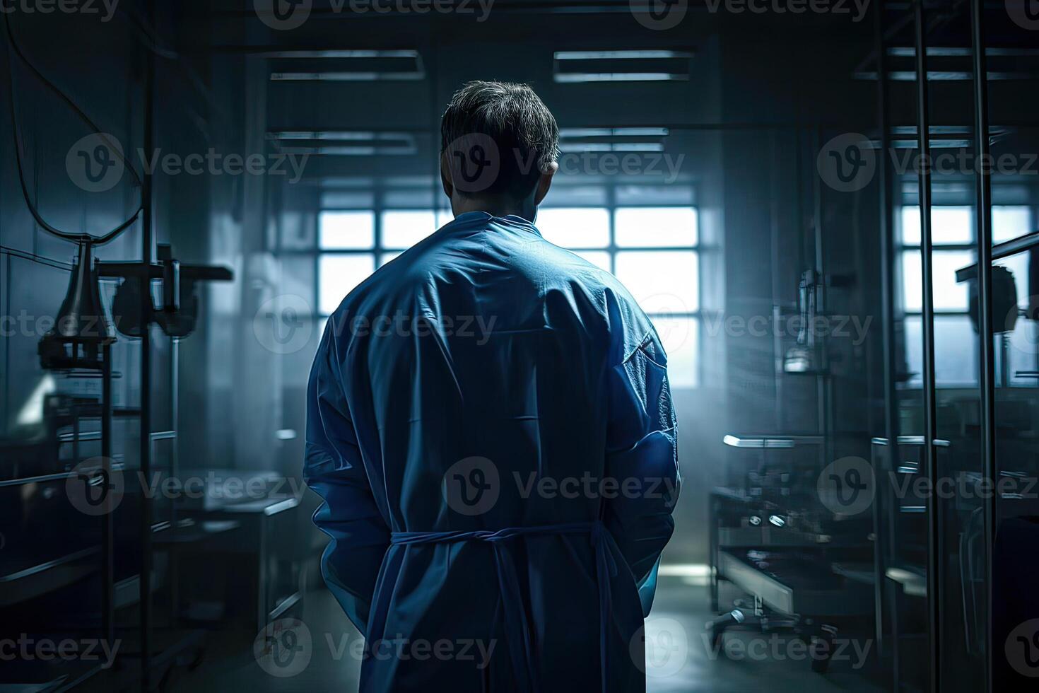 Half body back view of a health care worker standing in a hospital. Non-existent person. . photo