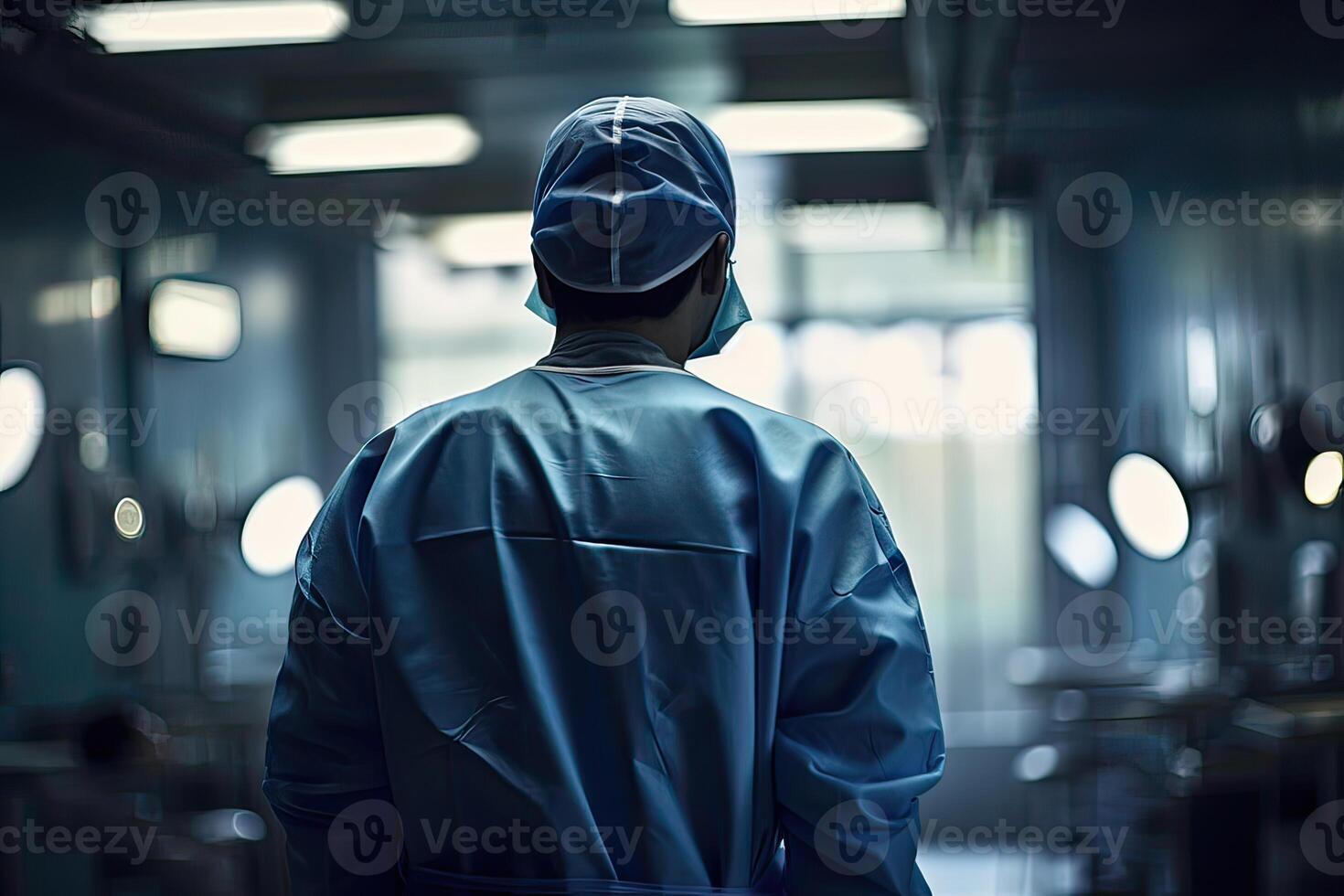 Half body back view of a health care worker standing in a hospital. Non-existent person. . photo