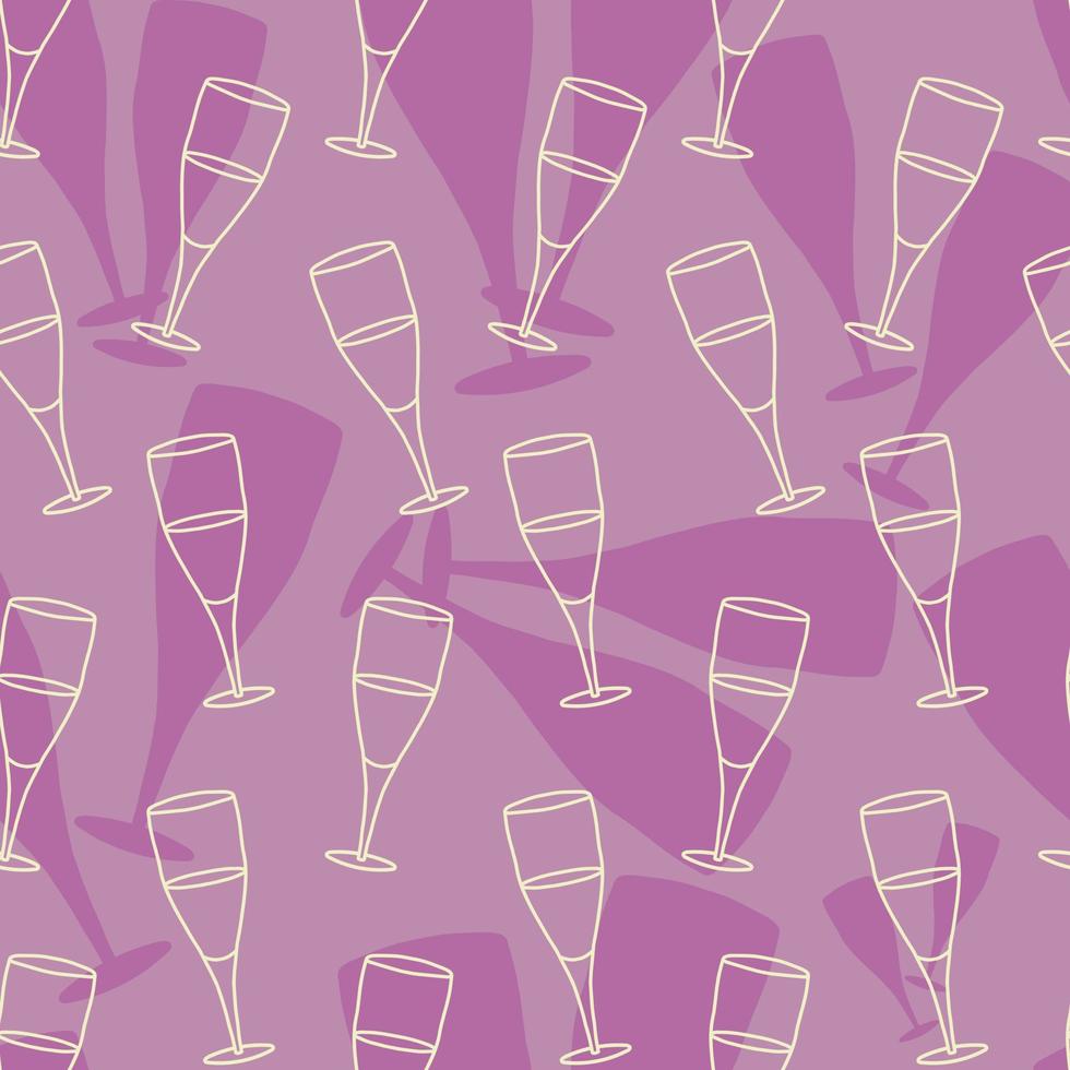 Seamless pattern with doodle champagne glass and champagne glasses silhouettes in the background. Doodle liquor glass, silhouettes of liquor glasses in seamless pattern. vector