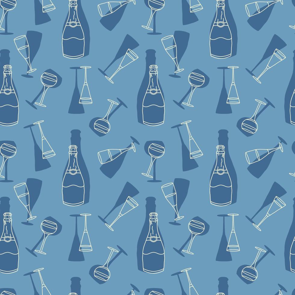 Seamless pattern with champagne bottle and champagne glasses in doodle style with champagne silhouettes in the background. Doodle liquor glasses, bottle, silhouettes of liquor glasses and bottle vector