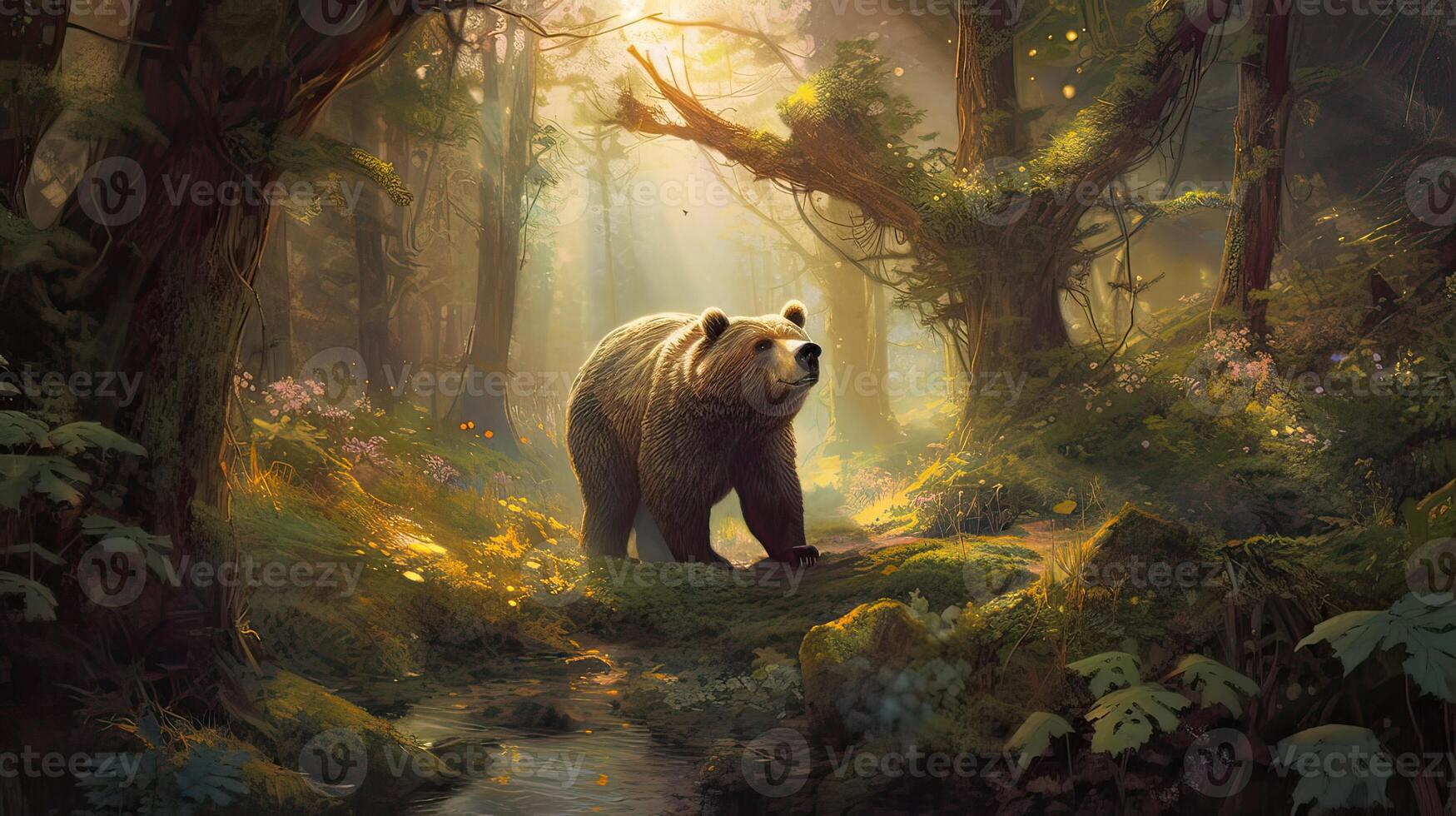 bear walking alone on the grass field. Bear walking through the forest. . photo