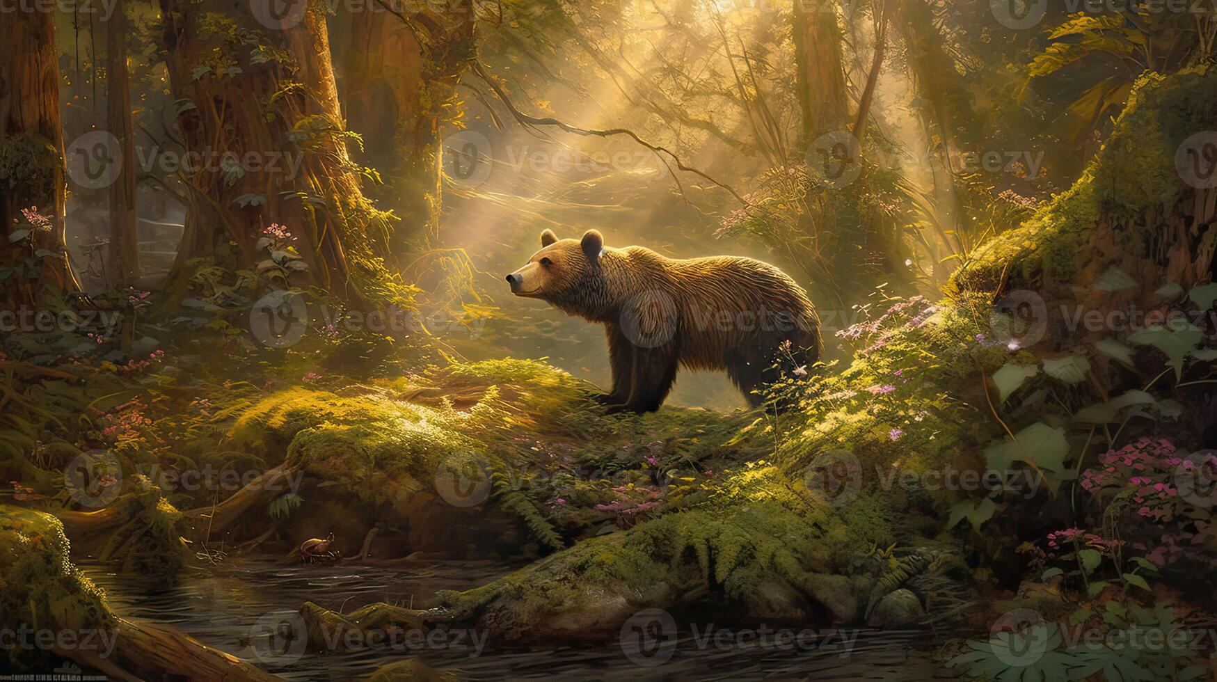 bear walking alone on the grass field. Bear walking through the forest. . photo