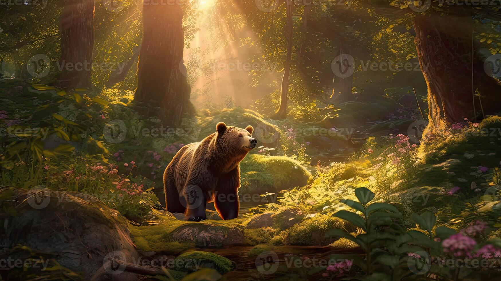 bear walking alone on the grass field. Bear walking through the forest. . photo