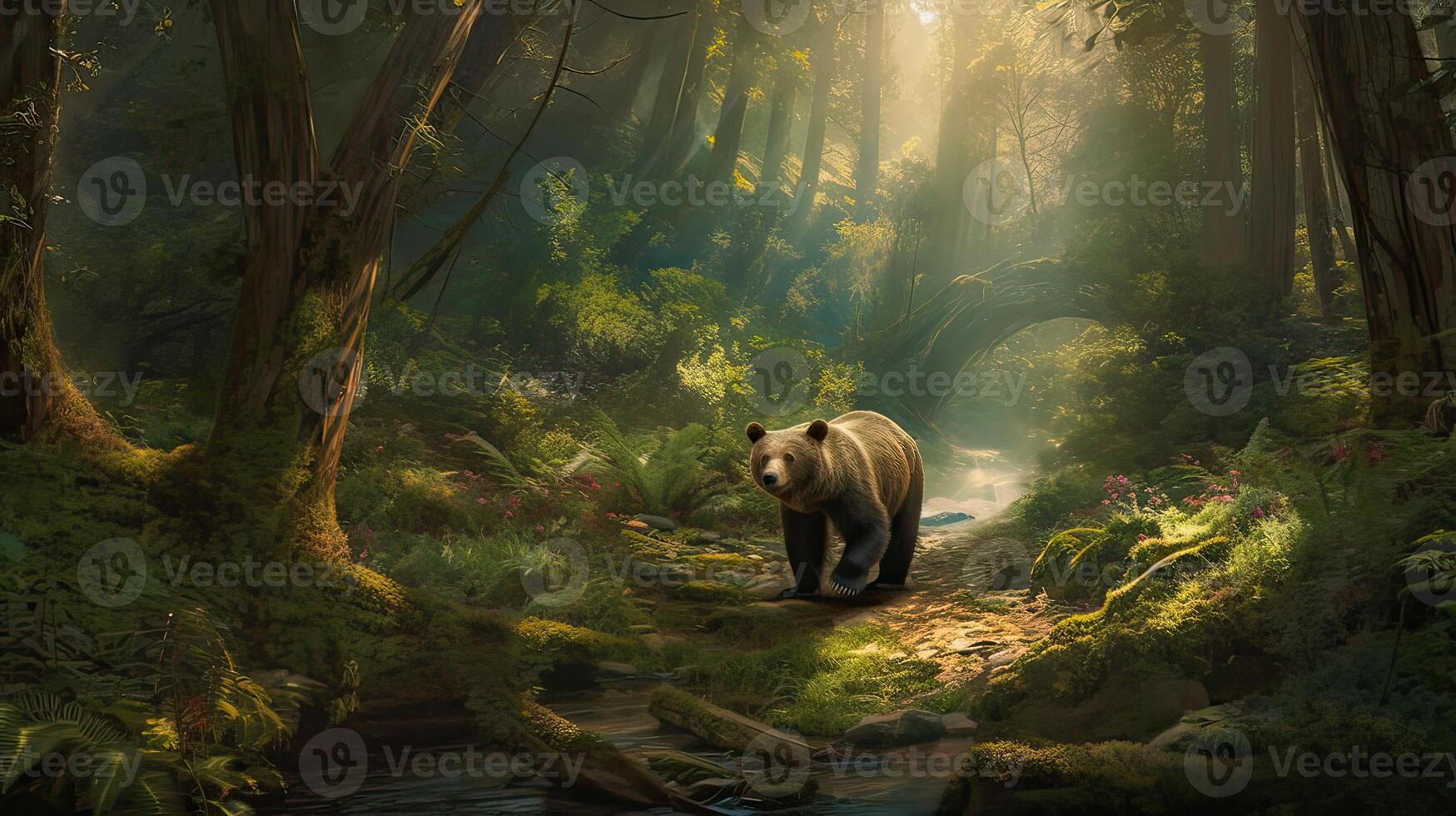 bear walking alone on the grass field. Bear walking through the forest. . photo