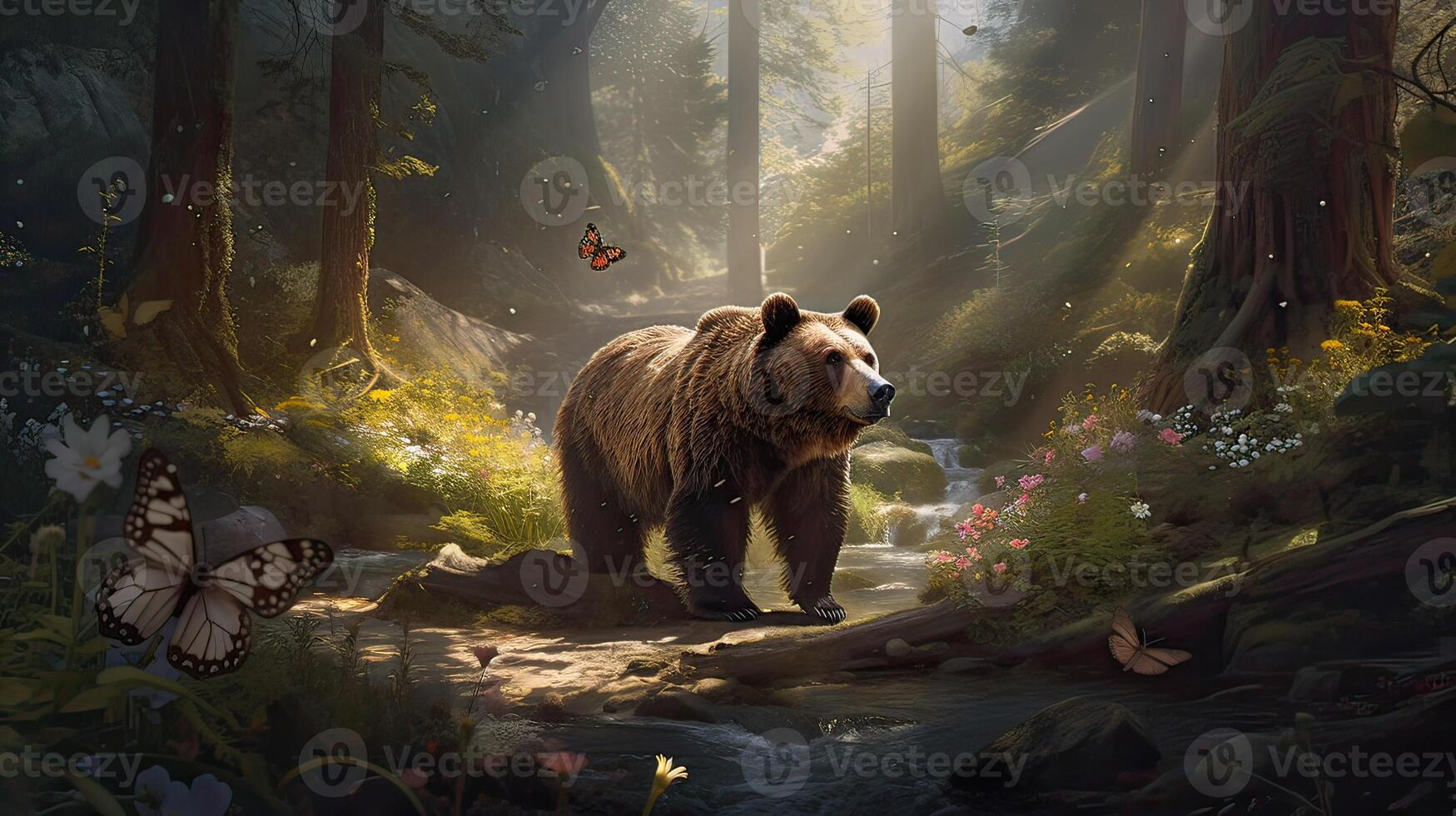 bear walking alone on the grass field. Bear walking through the forest. . photo
