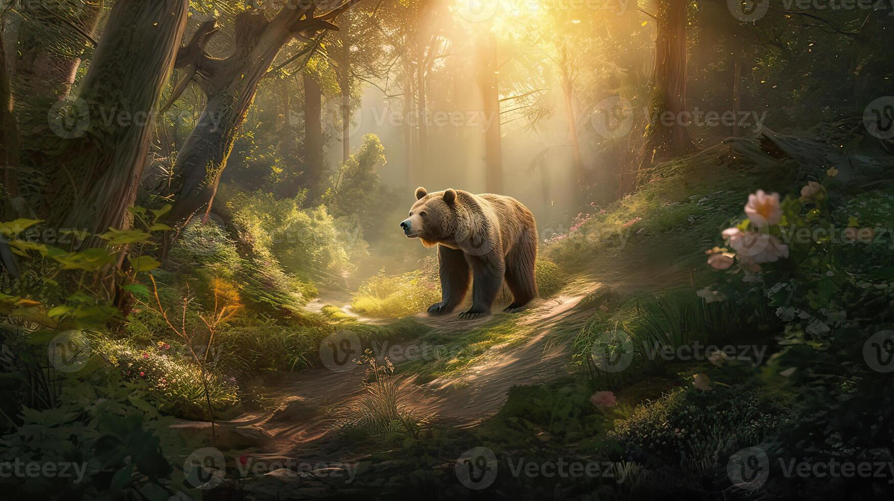 bear walking alone on the grass field. Bear walking through the forest. . photo