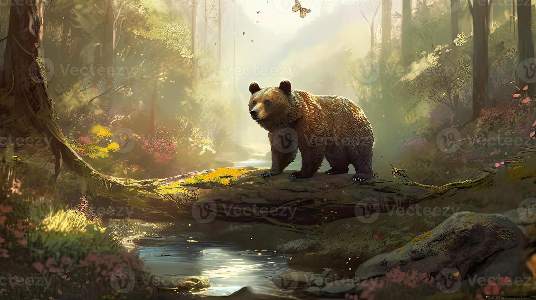 bear walking alone on the grass field. Bear walking through the forest. . photo