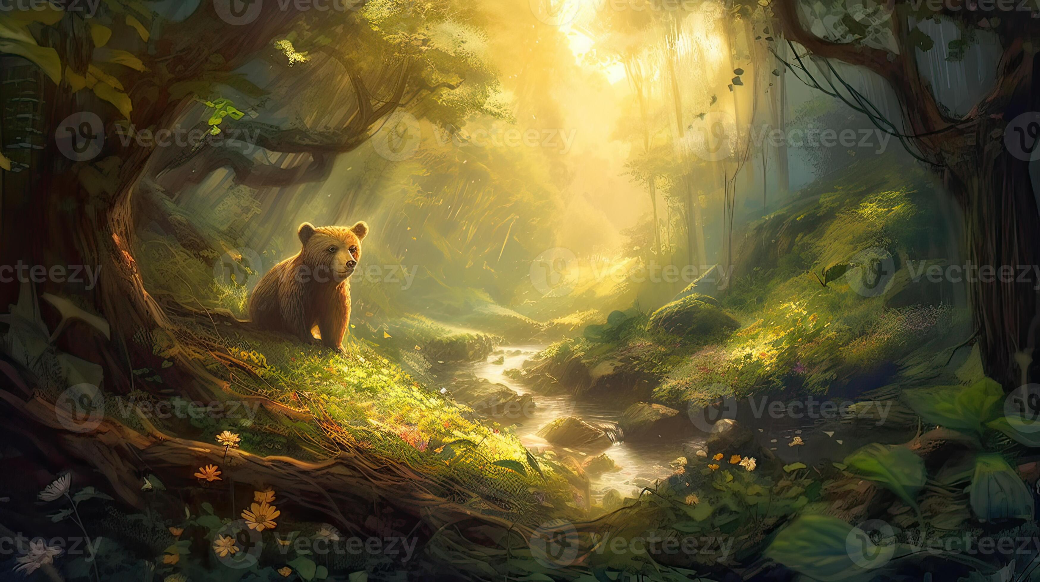 bear walking alone on the grass field. Bear walking through the forest