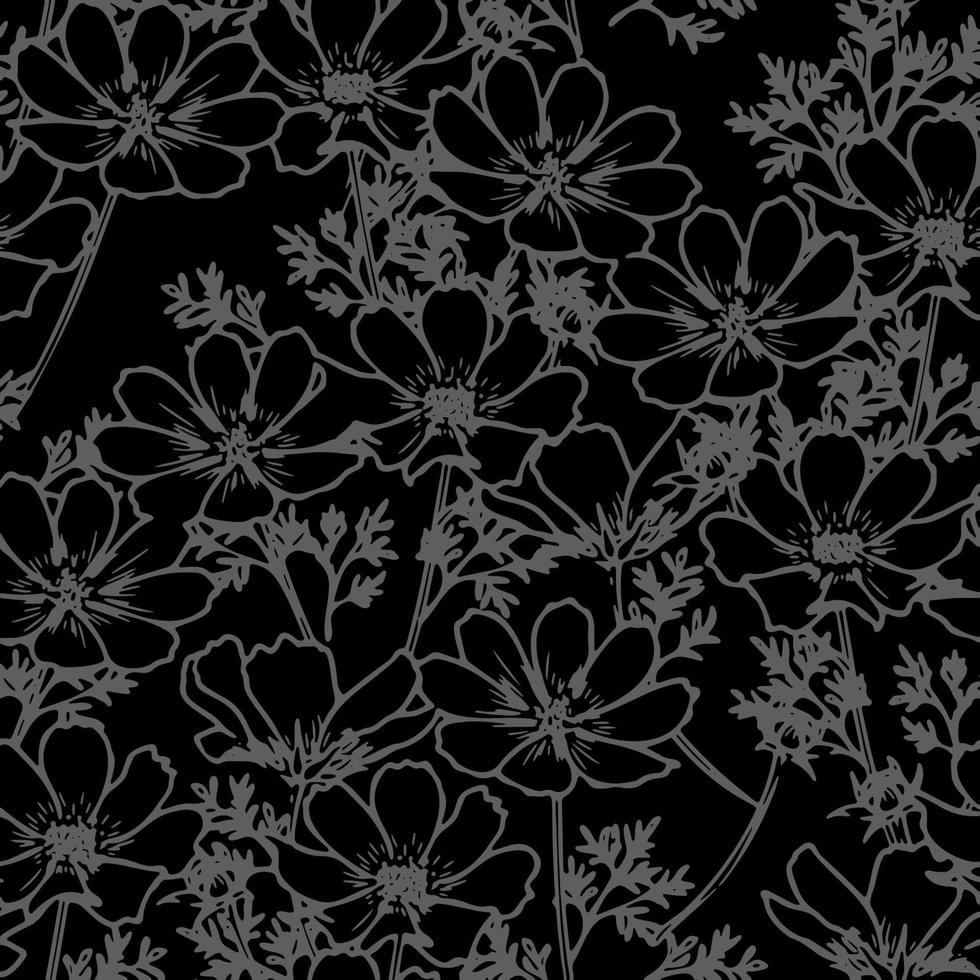 Floral Seamless Pattern With Cosmos Flower Black And White Design vector