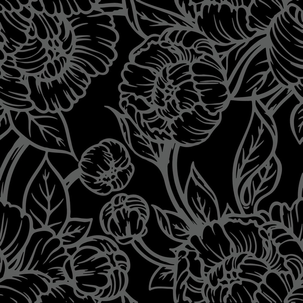 Peony flower seamless pattern line drawing vector