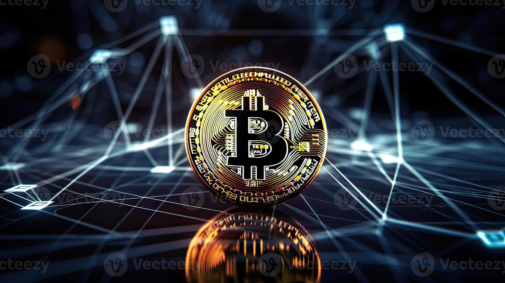 Gold coin Bitcoin on a black background. The concept of cryptocurrency. Blockchain technology. Mixed media. . photo