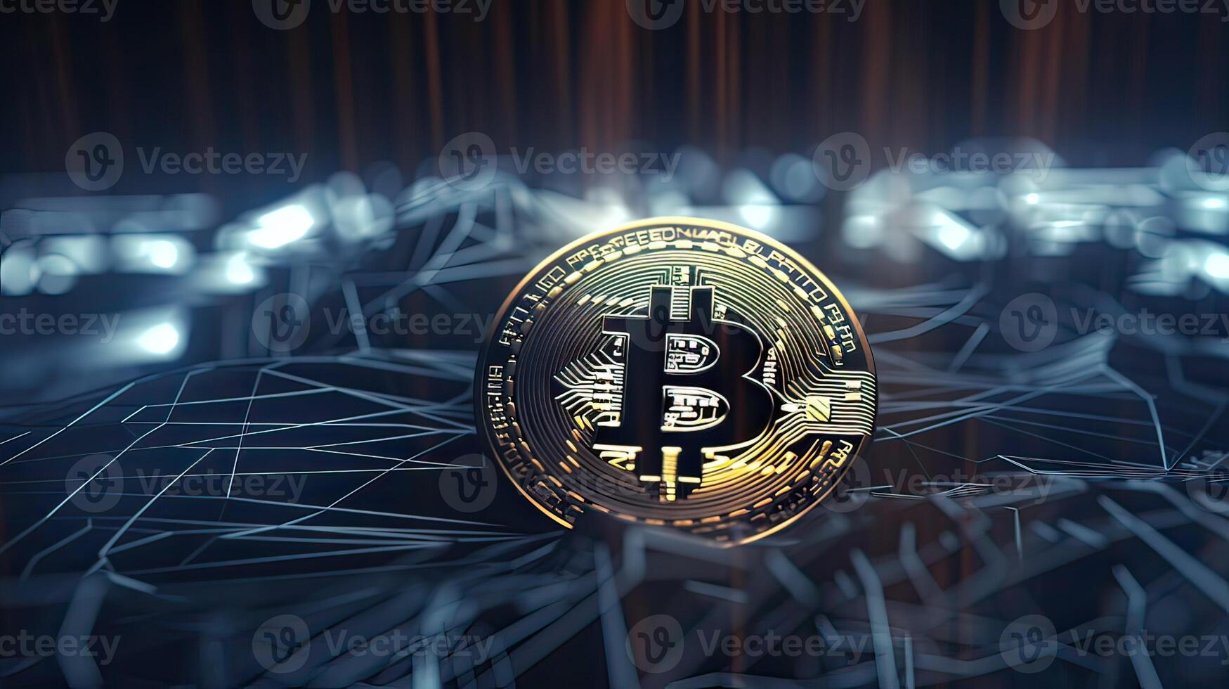 Gold coin Bitcoin on a black background. The concept of cryptocurrency. Blockchain technology. Mixed media. . photo