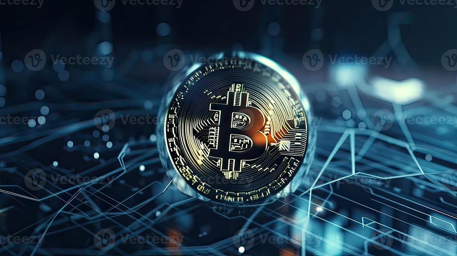 Gold coin Bitcoin on a black background. The concept of cryptocurrency. Blockchain technology. Mixed media. . photo