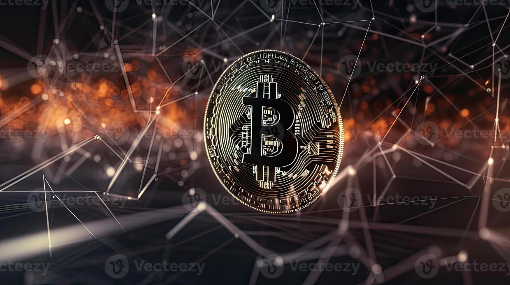 Gold coin Bitcoin on a black background. The concept of cryptocurrency. Blockchain technology. Mixed media. . photo