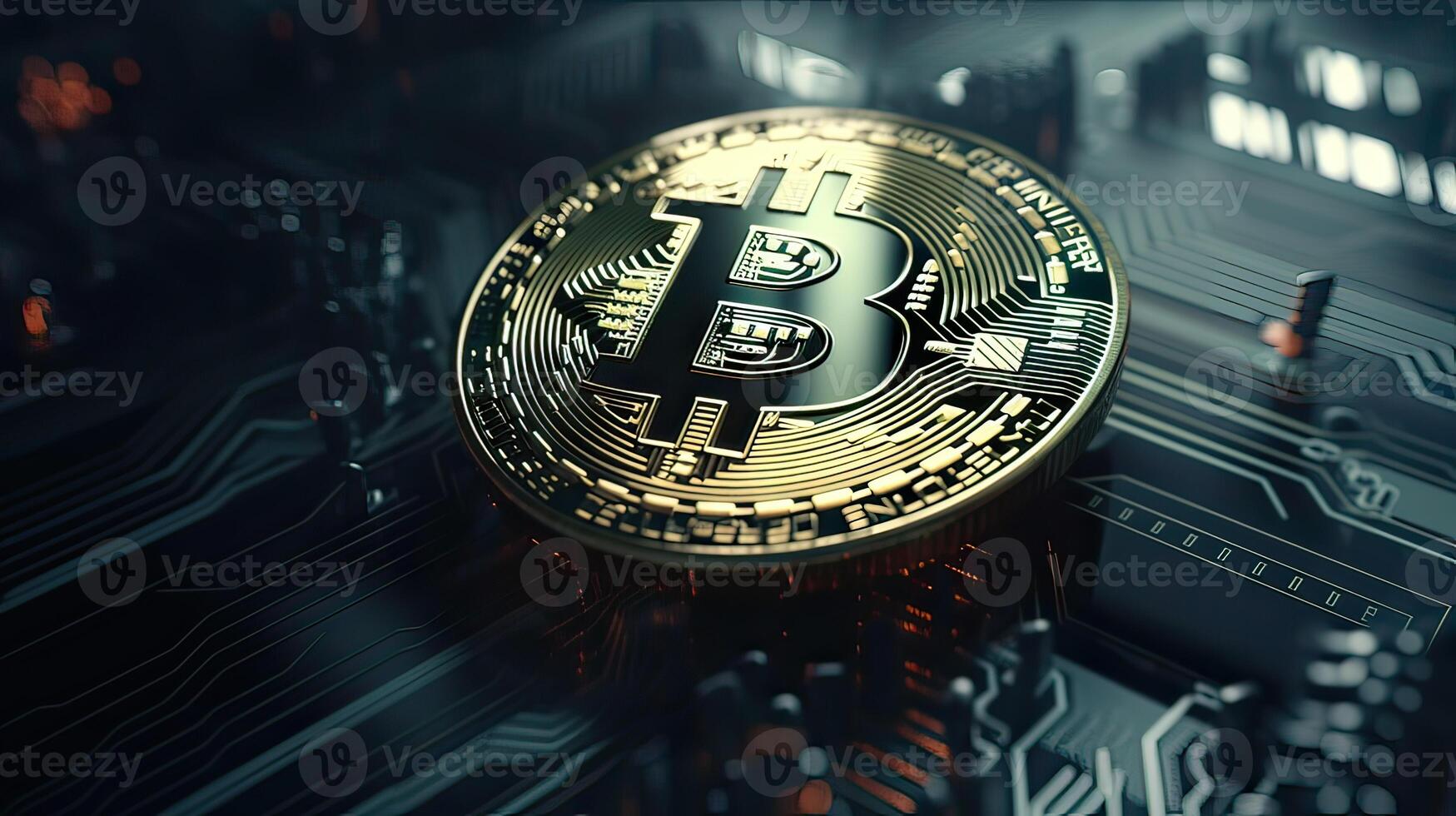 Gold coin Bitcoin on a black background. The concept of cryptocurrency. Blockchain technology. Mixed media. . photo
