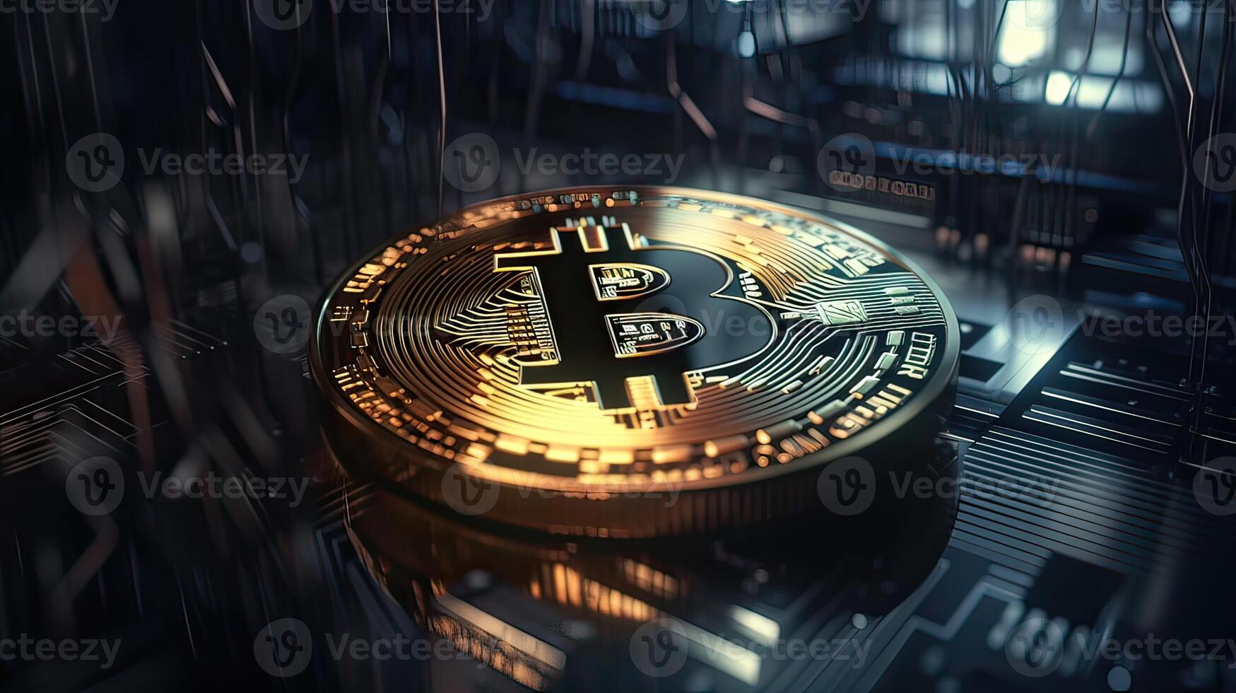 Gold coin Bitcoin on a black background. The concept of cryptocurrency. Blockchain technology. Mixed media. . photo
