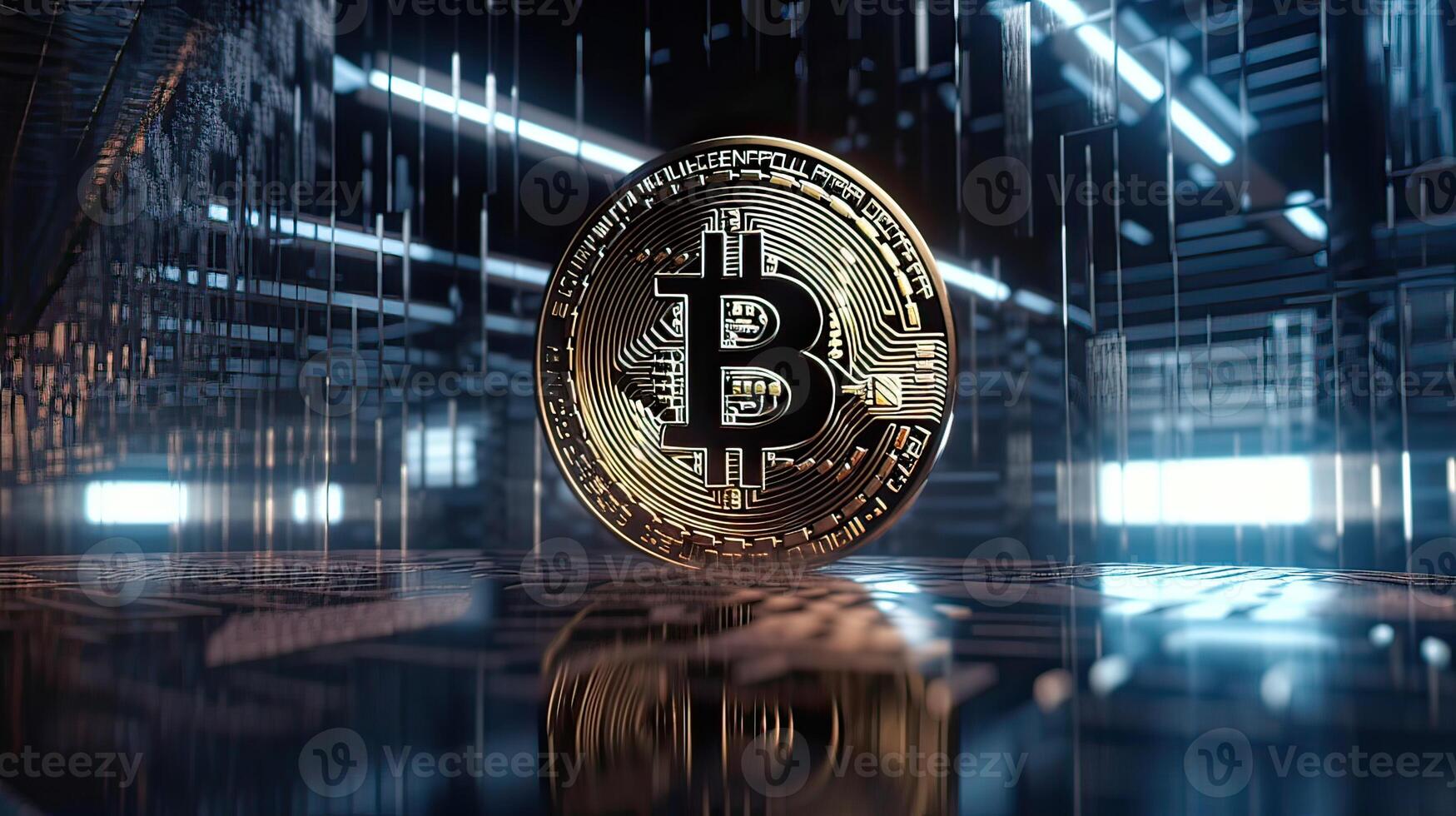 Gold coin Bitcoin on a black background. The concept of cryptocurrency. Blockchain technology. Mixed media. . photo