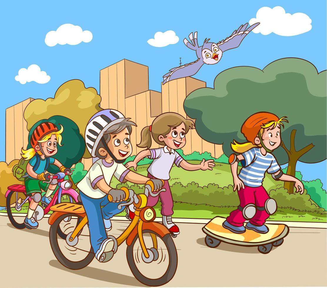 children cycling and skateboarding cartoon vector
