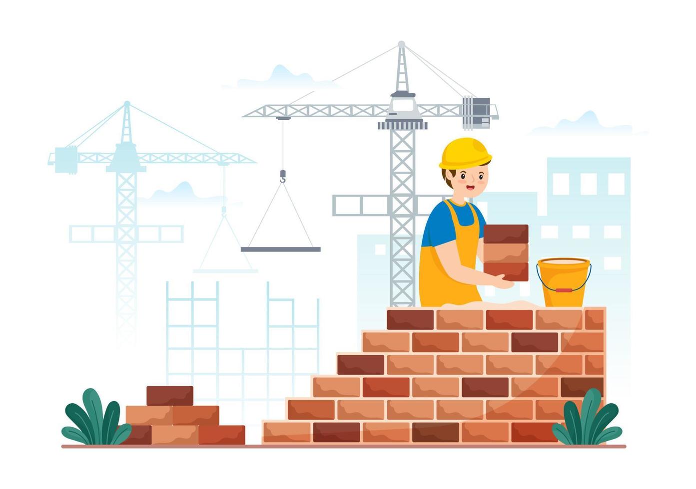 albañil trabajador ilustración con personas construcción y tendido ladrillos para edificio un pared en plano dibujos animados mano dibujado aterrizaje página plantillas vector
