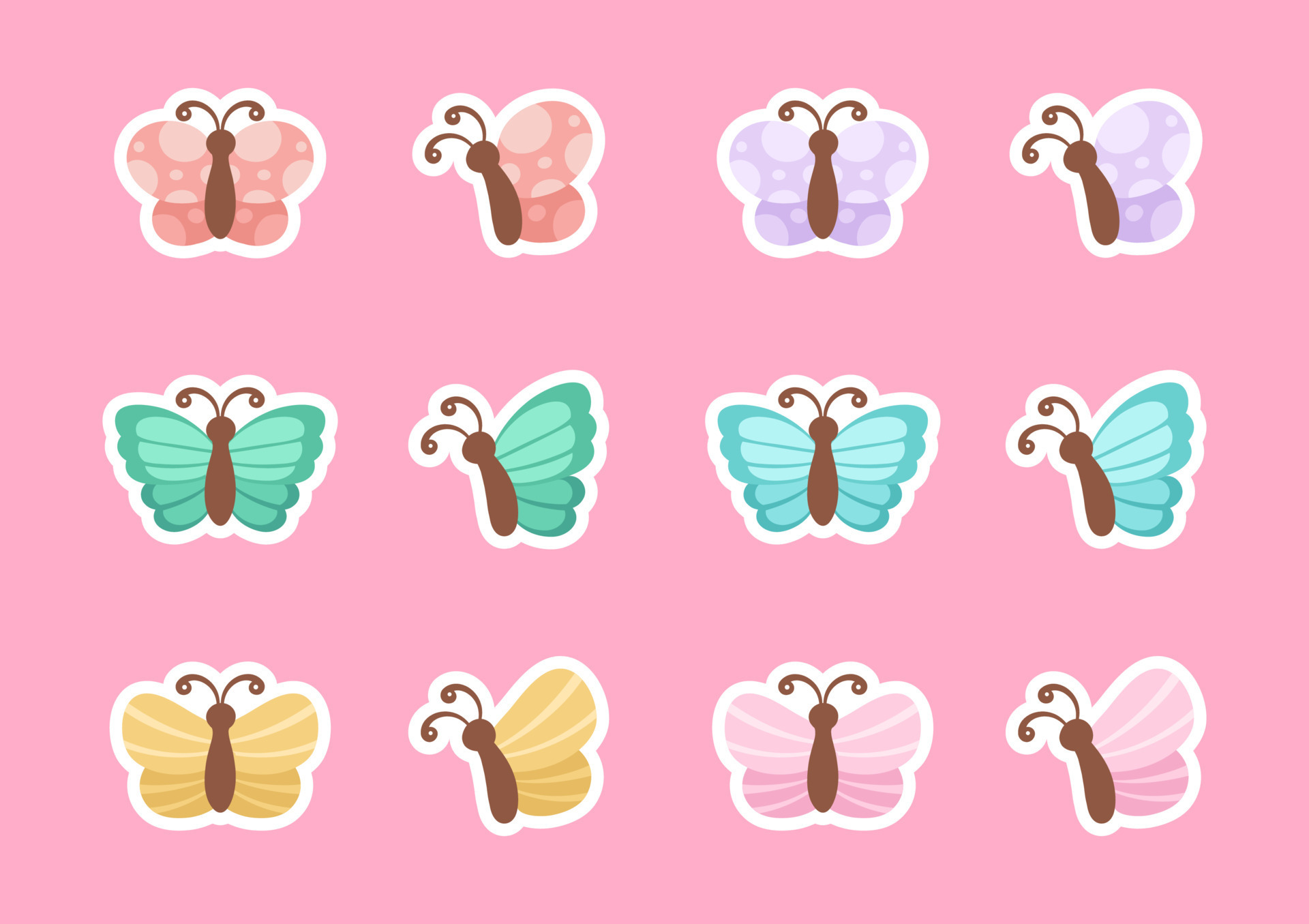 Cute butterfly stickers illustration set. Pretty vector butterflies