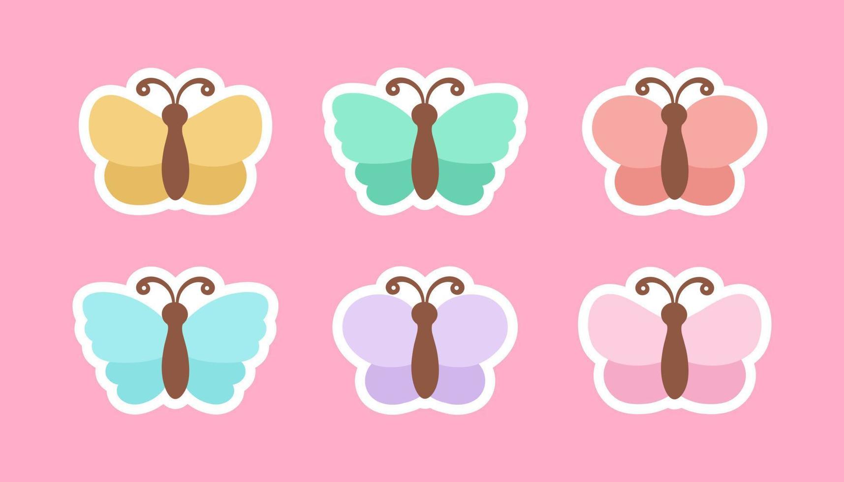Cute butterfly stickers illustration set. Pretty vector butterflies with spring and summer colors for kids.